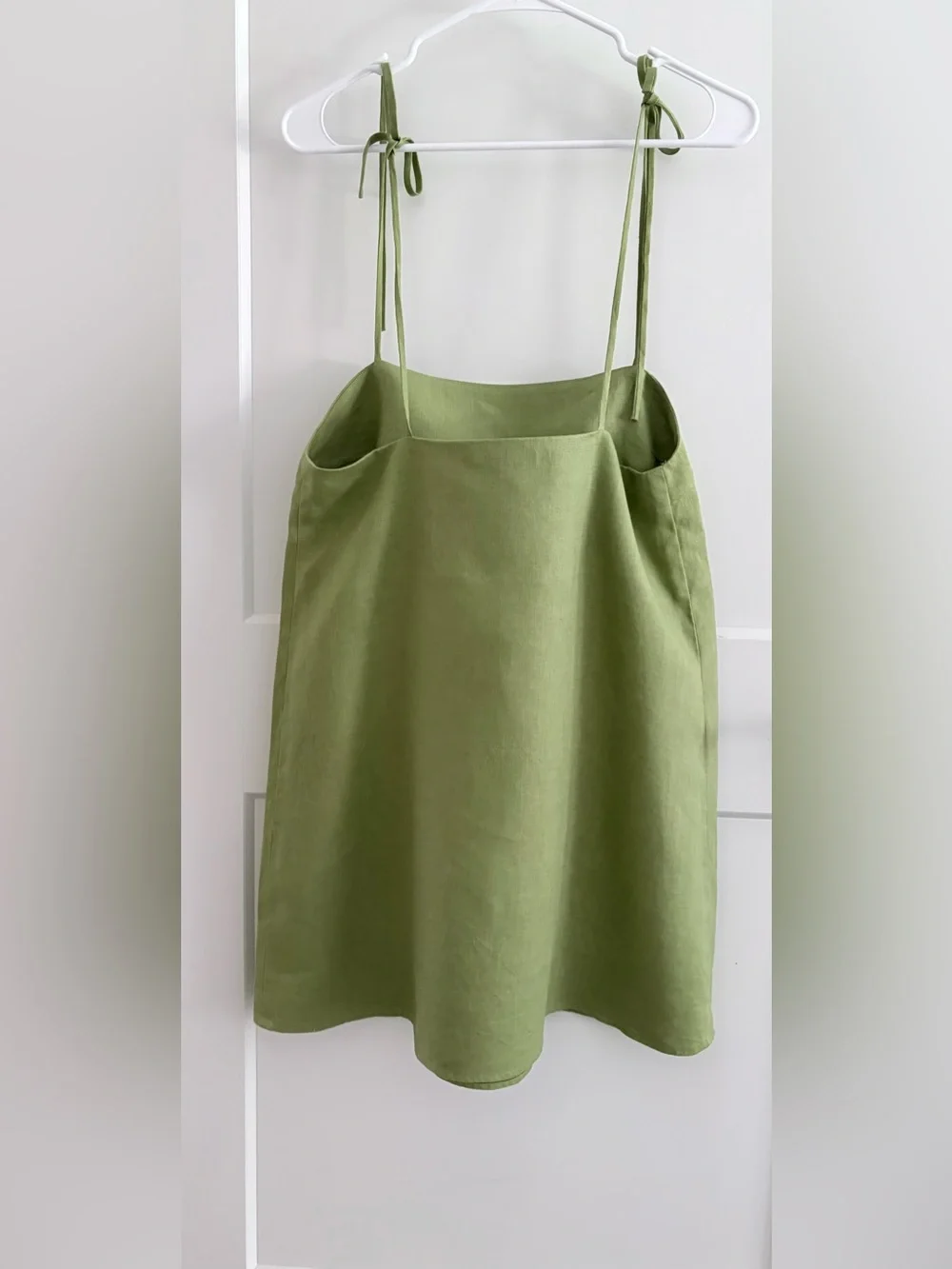 Reformation Aubree Linen Mini Slip Dress with Tie Straps in Olive